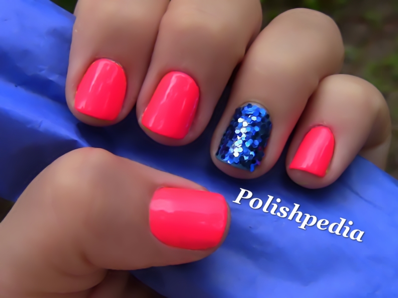 Neon Pink Nails With Blue Glitter | Polishpedia: Nail Art ...